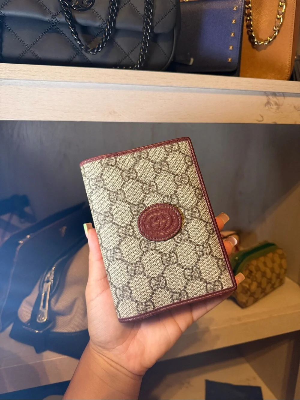 Gucci GG Canvas Passport Cover in Beige with Red Trim